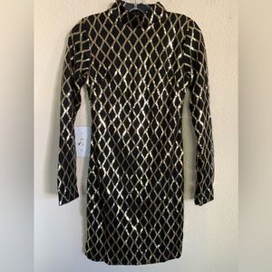 Ninexis Black Mock Neck Gold Sequin Long Sleeve Cocktail Dress